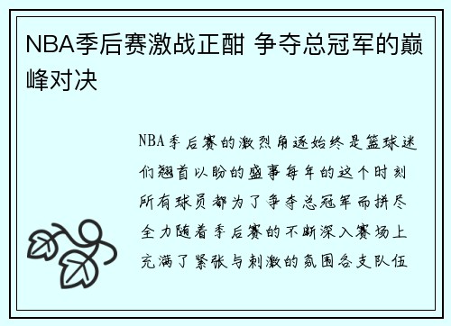 NBA季后赛激战正酣 争夺总冠军的巅峰对决 NBA季后赛激战正酣 争夺总冠军的巅峰对决