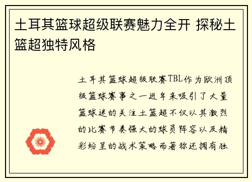 土耳其篮球超级联赛魅力全开 探秘土篮超独特风格 土耳其篮球超级联赛魅力全开 探秘土篮超独特风格