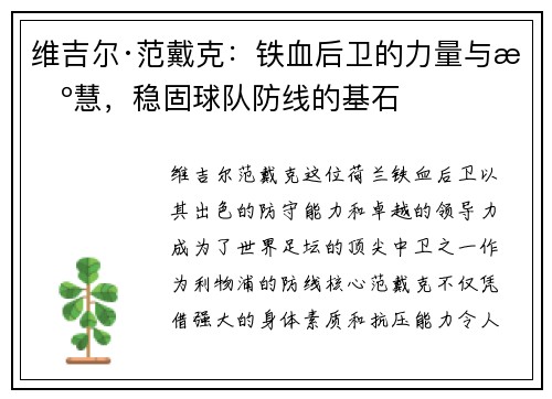 维吉尔·范戴克:铁血后卫的力量与智慧,稳固球队防线的基石 维吉尔·范戴克:铁血后卫的力量与智慧,稳固球队防线的基石