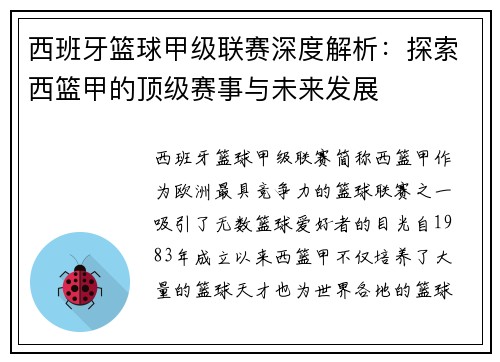 西班牙篮球甲级联赛深度解析：探索西篮甲的顶级赛事与未来发展